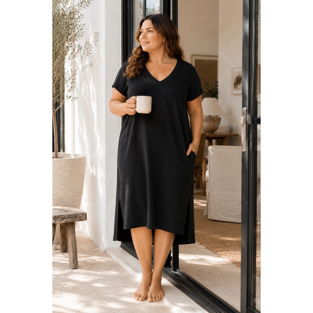 UNIVERSAL STANDARD Black V Neck Side Slit T-Shirt Dress WOMEN 18-20 Cotton